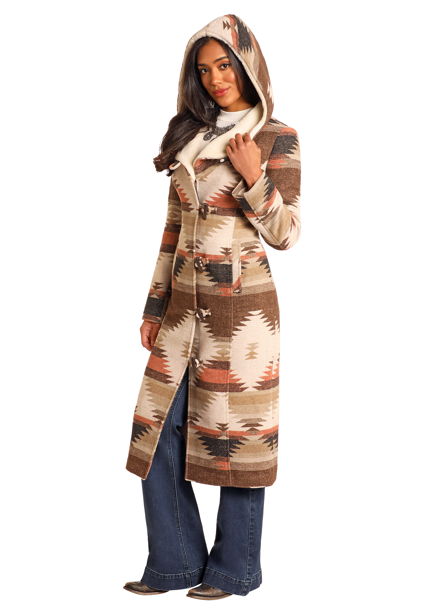 Aztec Jacquard Long Hooded Coat