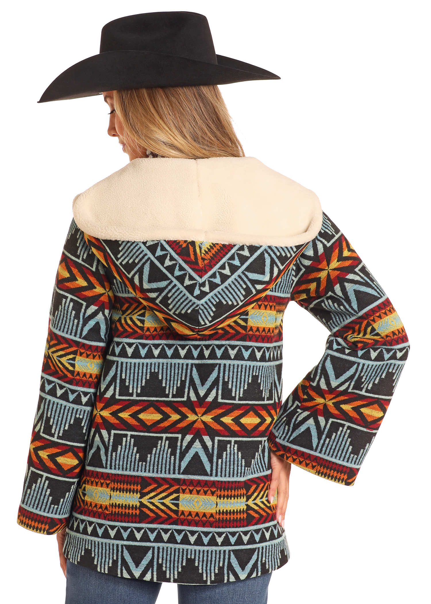 Aztec Jacquard Hooded Cropped Cape Coat