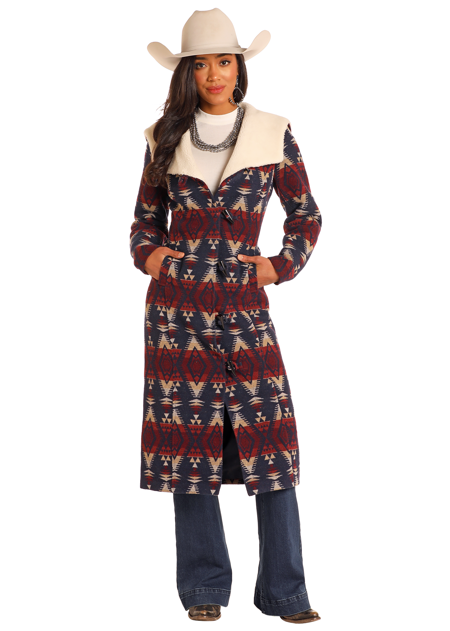 Navy Aztec Jacquard Long Coat