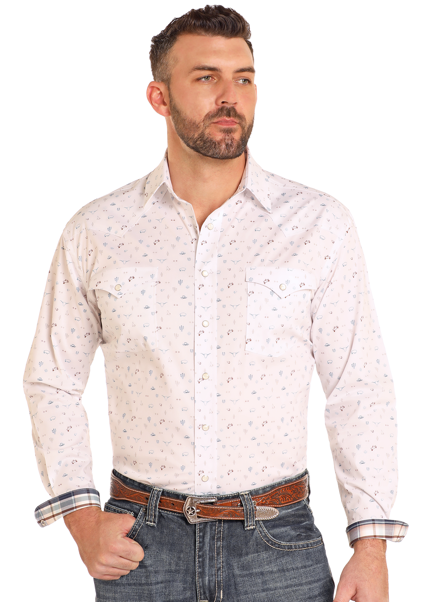 Rough Stock Western Print Long Sleeve Snap Shirt