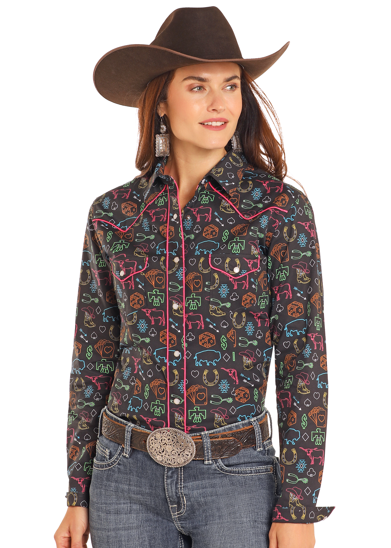 Rough Stock Neon Western Print Long Sleeve Snap Shirt