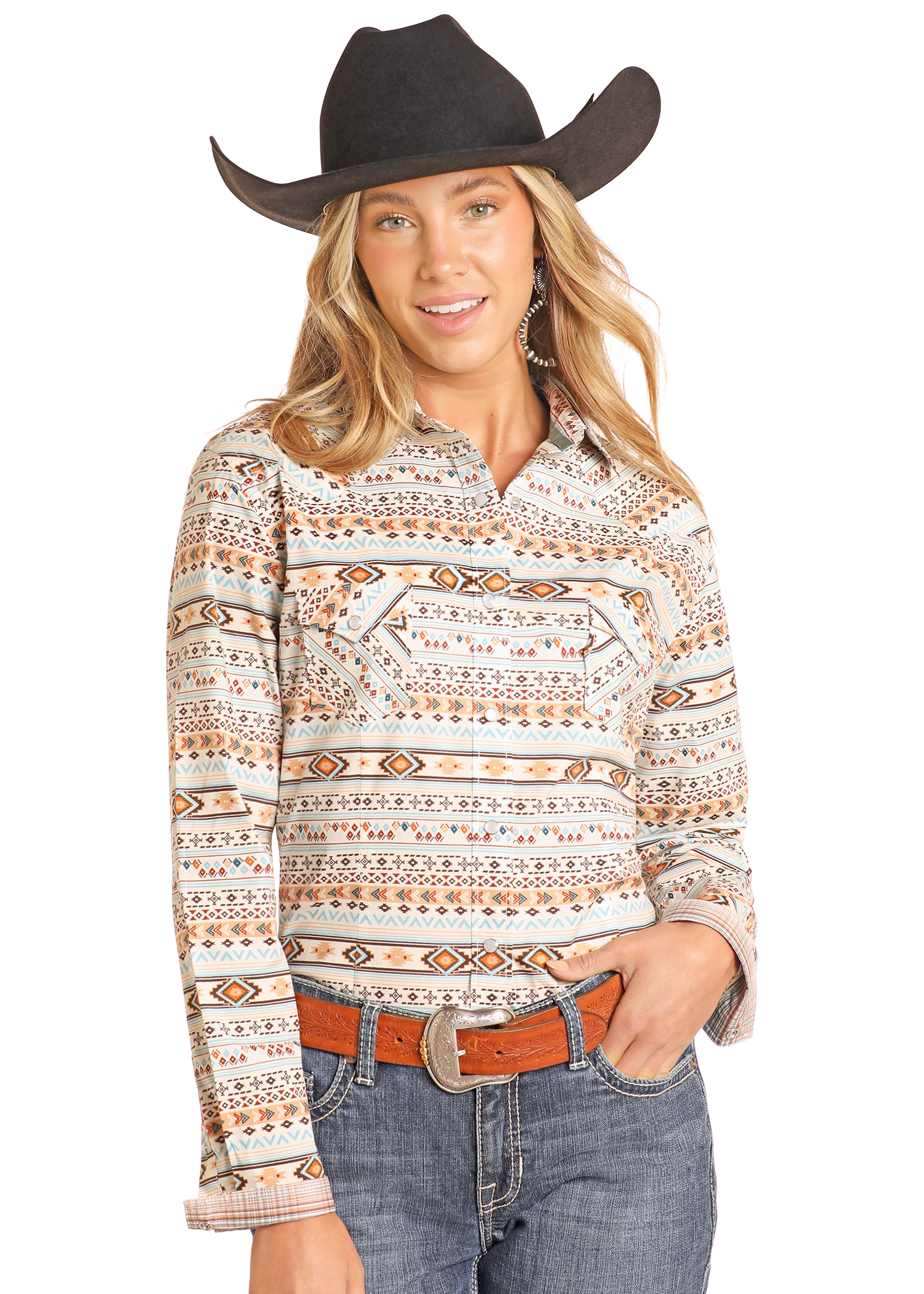 Rough Stock Southwestern Print Long Sleeve Snap Shirt