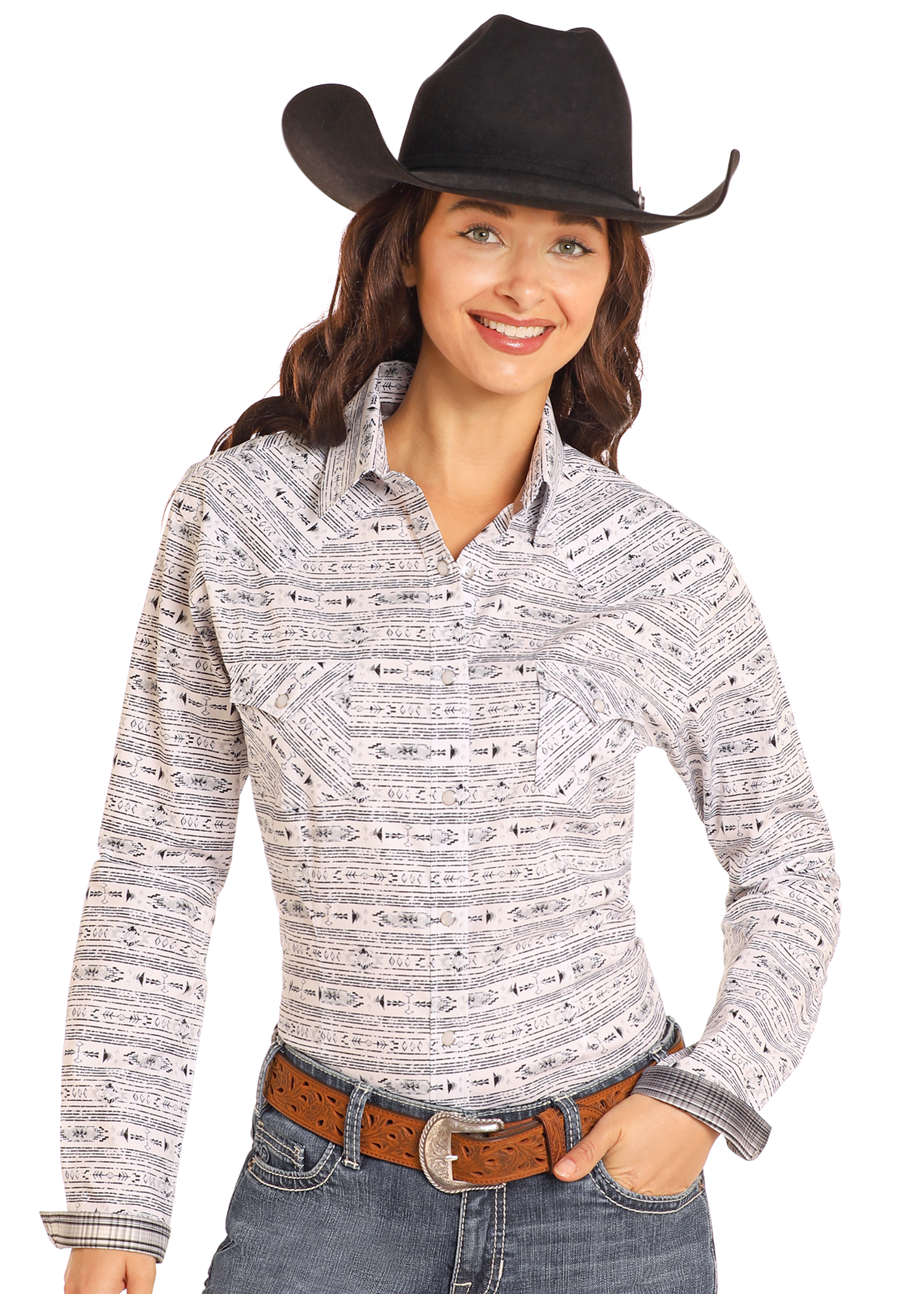 Rough Stock Southwest Aztec Print Long Sleeve Snap Shirt